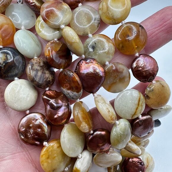 18", three strand jasper and pearl disk necklace with sterling silver clasp! - Picture 5 of 16